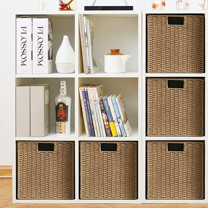 Vagusicc Wicker Storage Basket, Set of 2 Hand-Woven Storage Baskets for Shelves with Handles Foldable Cube Storage Baskets Bins, 9 inch Wicker Baskets for Pantry Bedroom Organizer &Decor, Natural