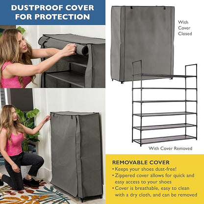 Sundaze Shoe Rack with Cover - 6 Tier Shoe Rack for Front Door Entrance, Sturdy Tall Shoe Organizer for Bedroom, Closet, Garage, Non Woven Fabric Shelf, Grey, Holds Up to 30 Pairs