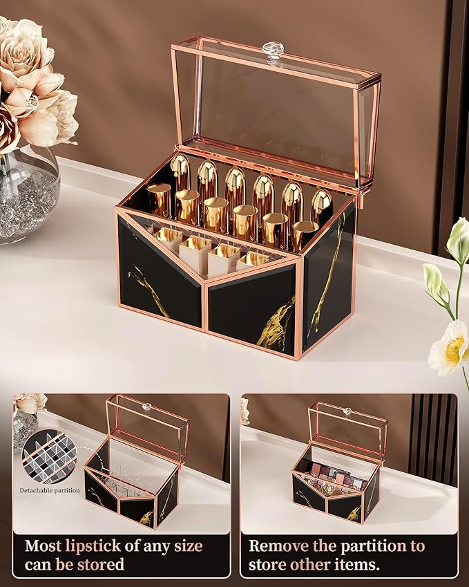 CoralHouse Lipstick Organizer - Black Glass Lipstick Holder & Nail Polish Organizer, 18-Slot Vanity Cosmetic Organizer with Removable Dividers,