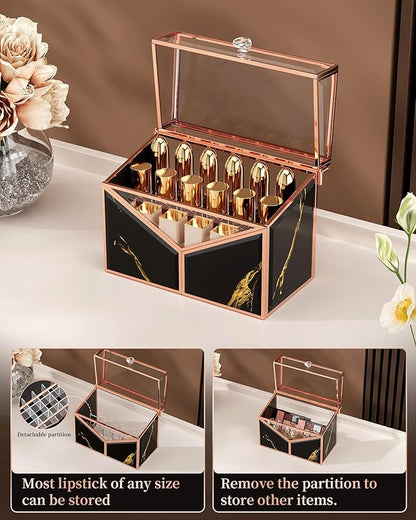 CoralHouse Lipstick Organizer - Black Glass Lipstick Holder & Nail Polish Organizer, 18-Slot Vanity Cosmetic Organizer with Removable Dividers,
