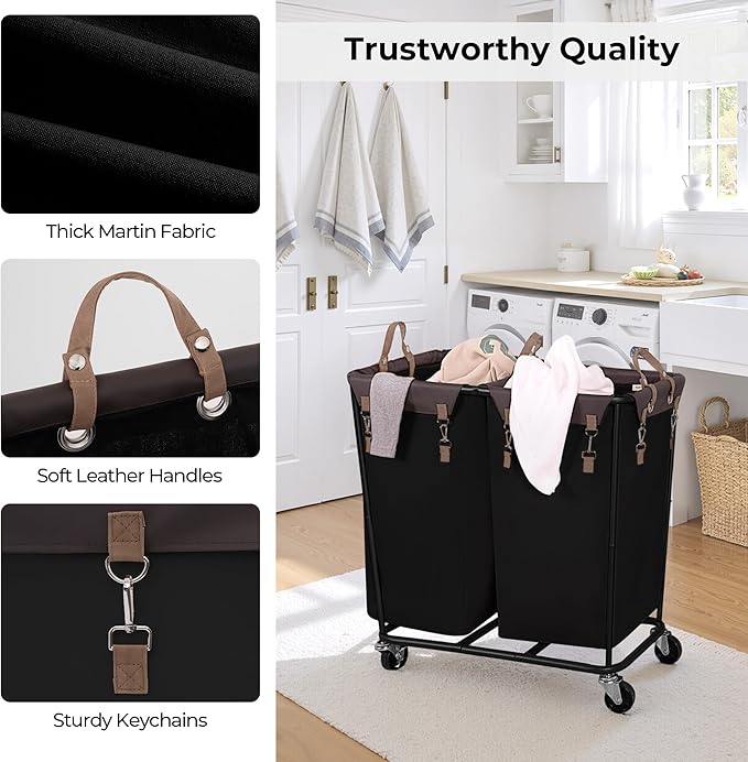 StorageWorks 280L Large Laundry Hamper with Wheels, Laundry Basket with Wheels 2 Sections, Clothes Sorter Cart with Divider for Hotel, Home, Black, 1-Pack