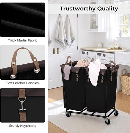 StorageWorks 280L Large Laundry Hamper with Wheels, Laundry Basket with Wheels 2 Sections, Clothes Sorter Cart with Divider for Hotel, Home, Black, 1-Pack