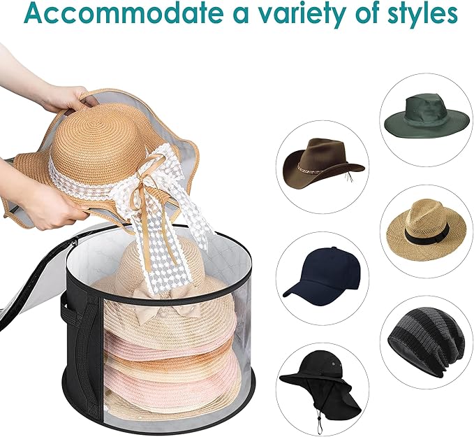 Large Capacity Hat Storage Bag for Women, Holds up to 7 Caps Cowboy Hat Organizer for Closet, Hat Storage Organizer for Travel (Black)