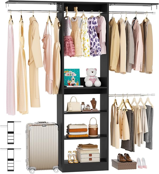 Besiost 48" Closet Organizer System, 4FT Closet System for Small Closets with 4 Hanging Rods & 3 Shelves, 80"H Small Closet Organizers and Storage for Bedrooms, Cloakrooms, Black