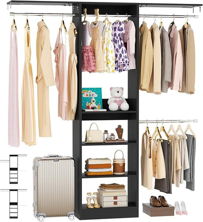 Besiost 48" Closet Organizer System, 4FT Closet System for Small Closets with 4 Hanging Rods & 3 Shelves, 80"H Small Closet Organizers and Storage for Bedrooms, Cloakrooms, Black