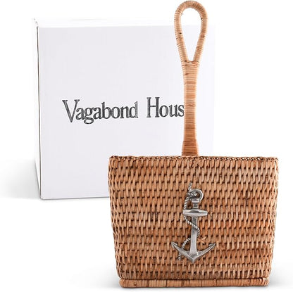 Vagabond House Coastal Woven Rattan Silverware Organizer, Natural Eco-Friendly 4-Compartment Kitchen Storage, Designer Wicker Utensil Holder for Beach House, Picnic, Party, Desk Outdoors