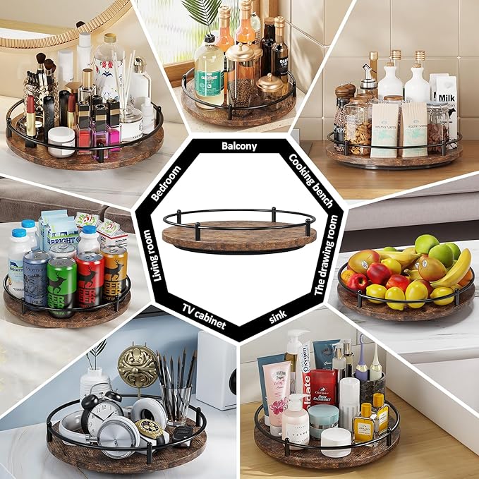 Lazy Susan Organizer：9 Inch Rotating Spice Rack for Kitchen Countertop Round Wooden Turntable Holder for Cabinet, Dining Table, Cupboard Storage – Black