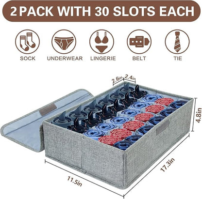 PINGMIC Gray Sock Organizer Divider 2 Pack with Lid - 30 Cell Foldable Closet Storage, Tie Organizer For Men Boxes for Socks, Ties, Belts
