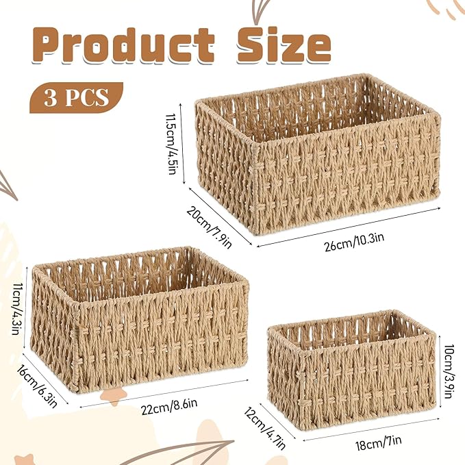 3 Pack Wicker Baskets for Organizing, Toilet Tank Basket for Bathroom, Hand-Woven Paper Rope Wicker Baskets, Toilet Paper Storage Basket for Toilets Tank Top for Shelves