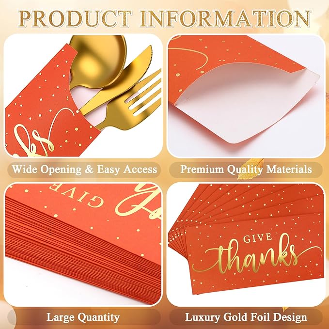 Eaasty 100 Pcs Thanksgiving Utensil Holder, Gold Foil Give Thanks Silverware Bag Disposable Silverware Sleeves Cutlery Holder for Thanksgiving Table Decoration Fall Harvest Party Supplies(Orange)