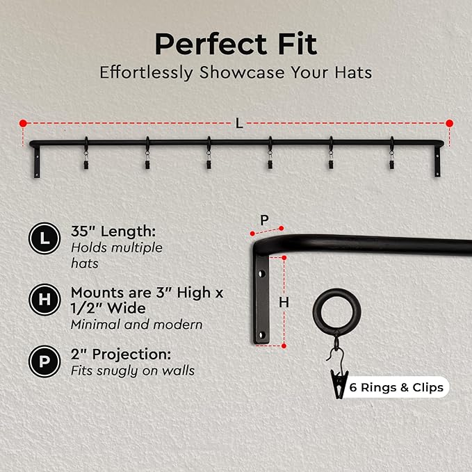 Wall Mounted Hat Display Rack, 35 inch Iron Rod with 6 Clips, Handcrafted, Antique Black