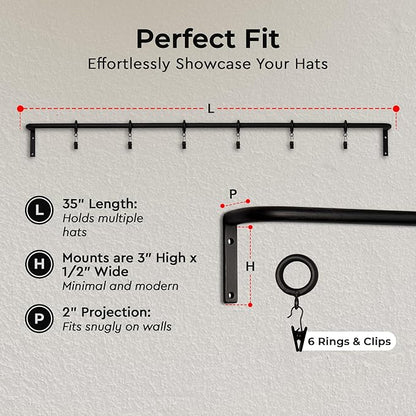 Wall Mounted Hat Display Rack, 35 inch Iron Rod with 6 Clips, Handcrafted, Antique Black