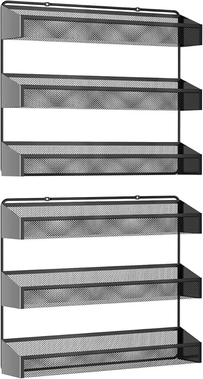 AULEDIO 2 Pack Spice Rack Organizer, 3 Tier Counter-top Stand or Wall Mounted Storage Rack Hanging Shelf for Kitchen Cabinet, Cupboard, Pantry Door Bathroom Shower Cosmetic (Black)