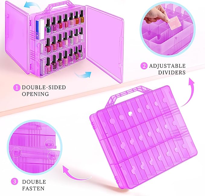 DreamGenius Nail Polish Organizer Case for 48 Bottles with 2 Nail Separators, Double Side Gel Nail Polish Holder with Adjustable Dividers, Purple