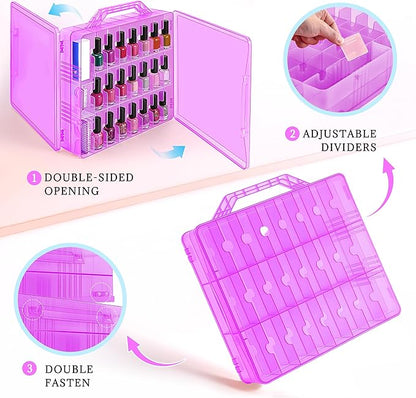DreamGenius Nail Polish Organizer Case for 48 Bottles with 2 Nail Separators, Double Side Gel Nail Polish Holder with Adjustable Dividers, Purple