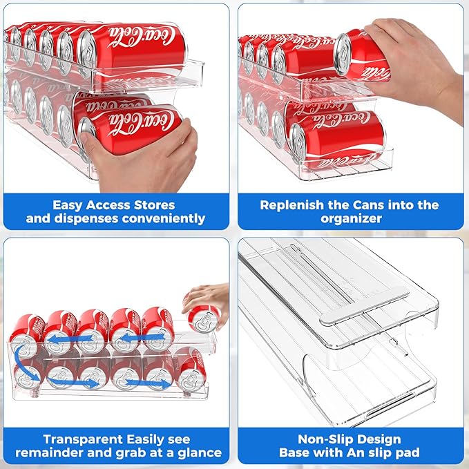 Rolling Soda Can Dispenser for Refrigerator Pop Can Organizer for Drink Beer Seltzer Soda Pop Can Organizer for 12 Standard Size 11.15oz or 12oz Cans Holder Storage Pantry Organization