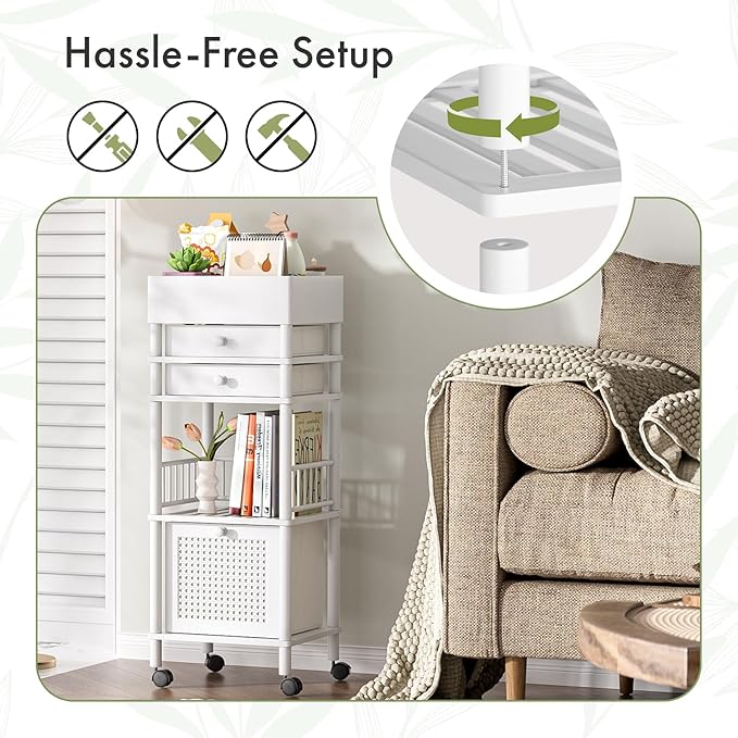 Amazer Bamboo Makeup Organizer Cart with 3 Drawers, Floor Skin Care Storage for Bathroom Bedroom, Rolling Vanity Organizer Cart for Cosmetic, Nail Polish, Perfume and Hair Tools, White