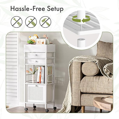 Amazer Bamboo Makeup Organizer Cart with 3 Drawers, Floor Skin Care Storage for Bathroom Bedroom, Rolling Vanity Organizer Cart for Cosmetic, Nail Polish, Perfume and Hair Tools, White
