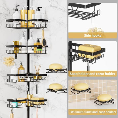 DAOYA Corner Shower Caddy + 2 Soap Holders, 4 Tier Shower Caddy Tension Pole Stainless Steel Black, Extends 25-114.2 Inches, for Bathroom Organizers and Storage, Renter-Friendly and Gift Idea