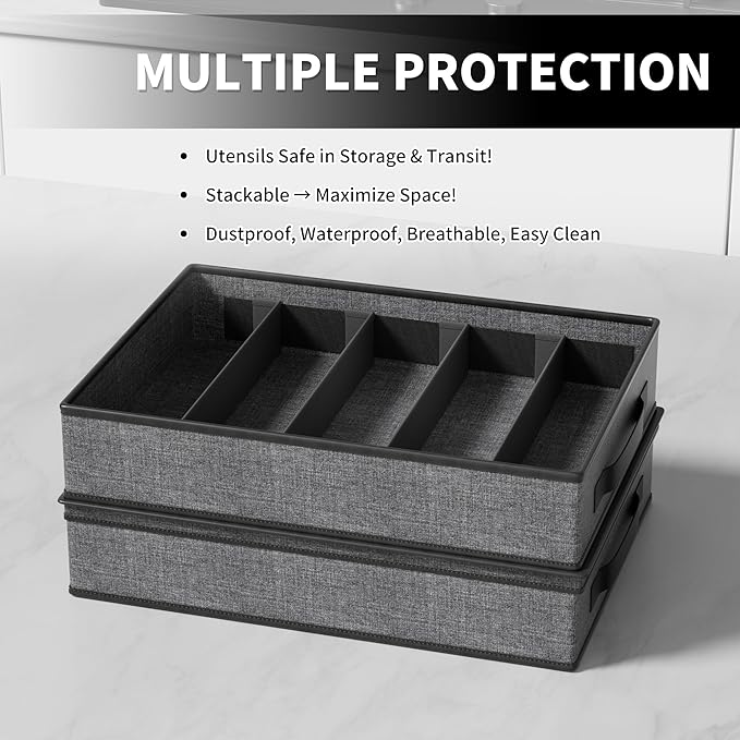 Aokeyee 2-Pack Silverware Storage Box, Sturdy Flatware Organizer with 5 Compartments & Adjustable Dividers, Utensil Case with Clear Lid & Handle for Knives, Forks & Spoons, Gray