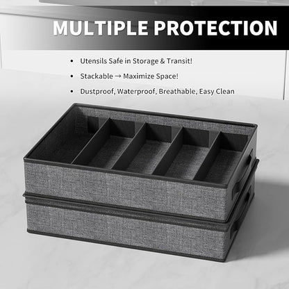 Aokeyee 2-Pack Silverware Storage Box, Sturdy Flatware Organizer with 5 Compartments & Adjustable Dividers, Utensil Case with Clear Lid & Handle for Knives, Forks & Spoons, Gray