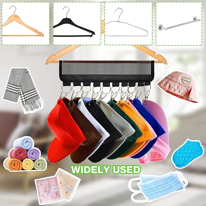 Baseball Cap Holder, 3 Pack Cap Organizer for Hanger & Closet, 10 Stainless Steel Hat Holder Clips to Hang Baseball Hats, Ball Caps, Accessories, Keep Your Closet Bedroom Door Tidy, Black Plastic Net