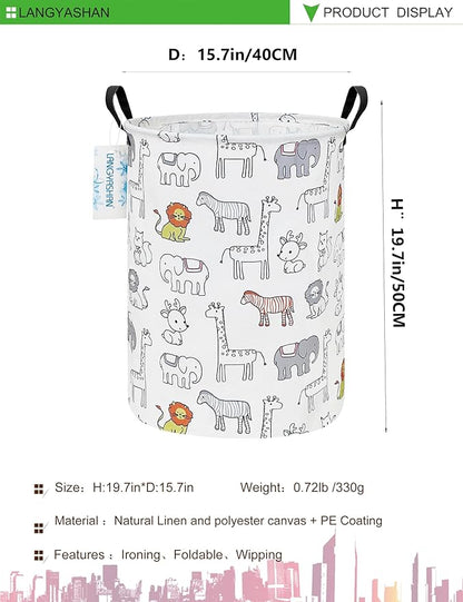 Laundry Basket Canvas Fabric Collapsible Organizer Basket for Storage Bin Toy Bins Gift Baskets Bedroom Clothes Children Nursery Hamper (Animals)