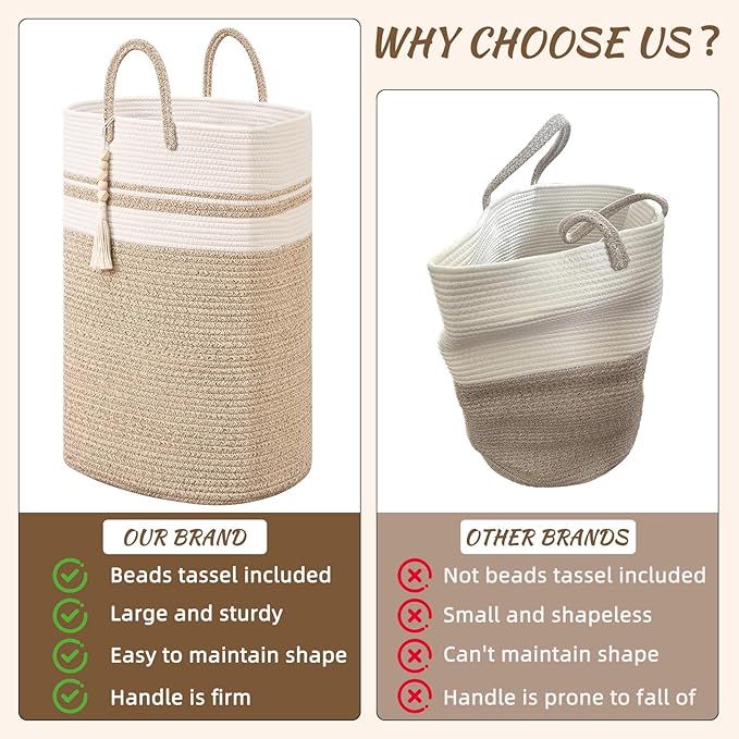 Woven Laundry Basket for Clothes, 80 L Large Rectangle Laundry Hampers with Beads Tassel, Nursery Storage Basket for Toys, Tall Dirty Clothes Hamper for Bedroom Aesthetic, Laundry Room Organization