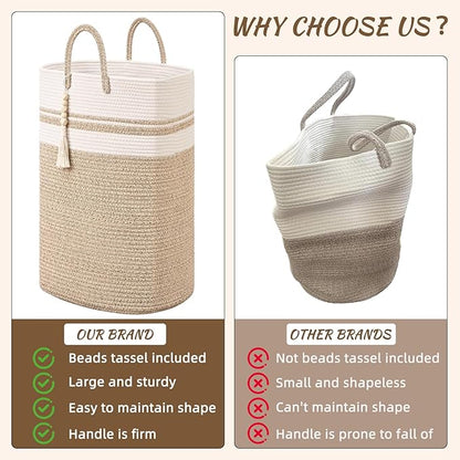 Woven Laundry Basket for Clothes, 50 L Large Rectangle Laundry Hampers with Beads Tassel, Nursery Storage Basket for Toys, Tall Dirty Clothes Hamper for Bedroom Aesthetic, Laundry Room Organization