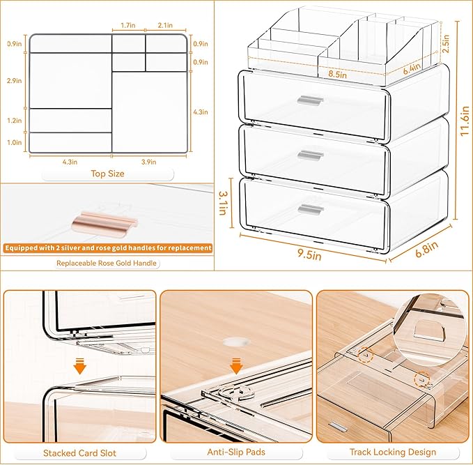 Yieach Clear Acrylic Makeup Organizers Countertop for Dresser,Desk,Bathroom Vanity,4 Tier Stackable Make up Holders and Makeup Cabinet,Tiered Cosmetic Storage and Make up Containers for Palette,Brush