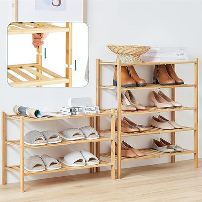 viewcare 4-Tier Bamboo Shoe Rack for Entryway, Stackable | Foldable | Natural, Shoe Organizer for Hallway Closet, Free Standing Shoe Racks for Indoor Outdoor