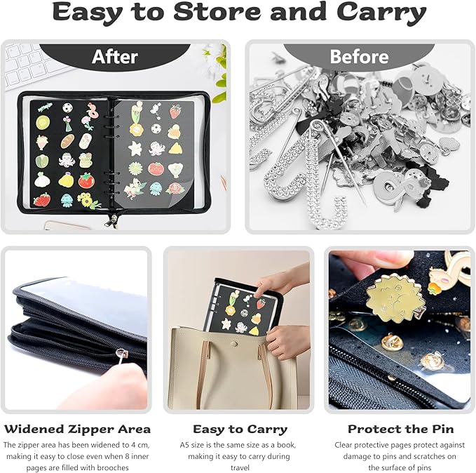 LIQALU Enamel Pin Display Book Pin Collection Binder Holder Trading Book with 8-Page Display Boards A5 Brooch Pin Storage Organizer Binder Album for Travel Collectors (Black)