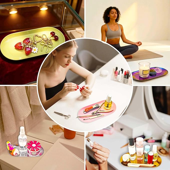 Nail Tools Silver Tray for Decor Manicure Accessory Storage Display Vanity Tray Jewelry Rhinestone Dish Cosmetics Organizer Oval Nail Art Decorative Small Storage Plate