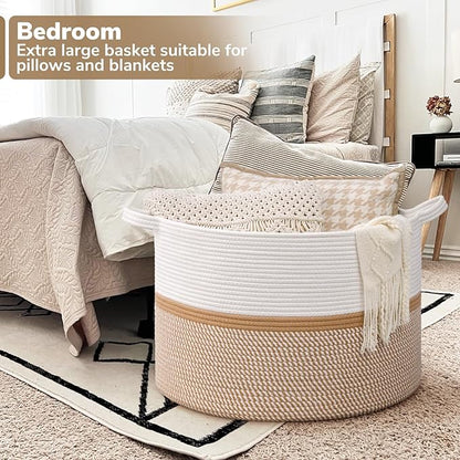 CHICVITA XXL Extra Large Blanket Basket, Cotton Rope Storage Basket for Organizing, Home Decor Woven Basket for Laundry Baby Nursery Decorative Toy Bin, White and Brown, 22" x 22" x 14"
