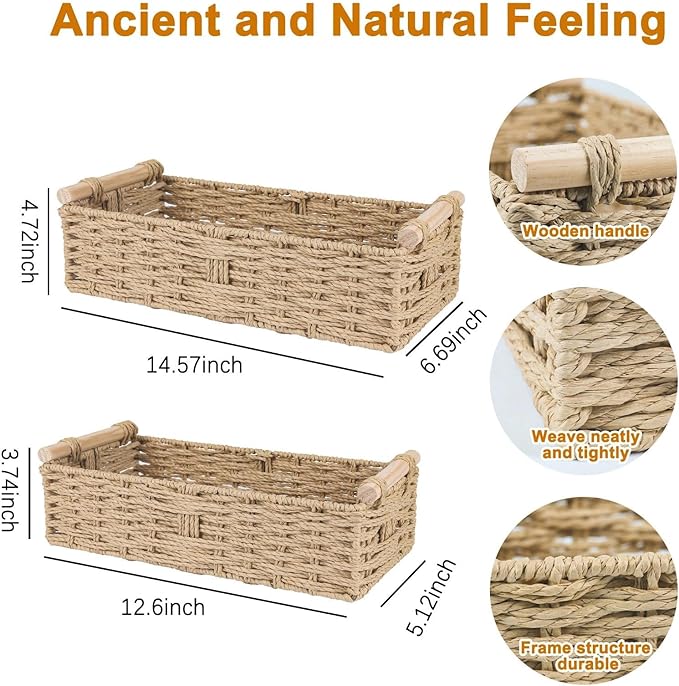 Bathroom Basket for Toilet Tank Top - Beige Toilet Paper Basket with Handles, Paper Rope Back of Toilet Tank Baskets for Counter, Shelves, Countertop, Boho Bathroom Decor 2 PCS