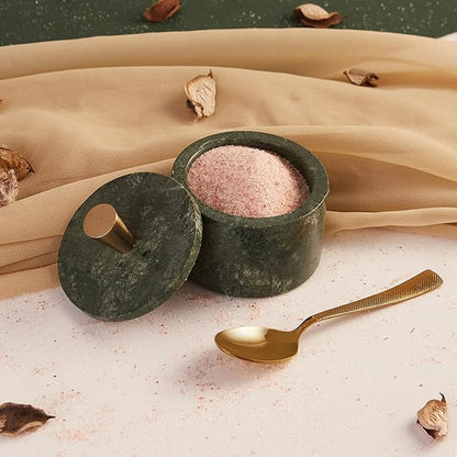 Queenza Green Marble Salt Cellar with Lid & Brass Knob - Natural Marble Spice Container for Kitchen Countertop, Gourmet Salt Holder, Small Decorative Storage Box, Gift for Home Chef
