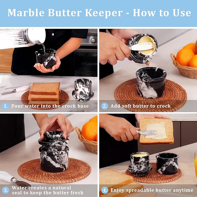 Marble Butter Keeper and Salt Cellar Set, Black Zebra Marble Kitchen Counter Containers for Butter, Seasoning & Condiments, Home & Kitchen Décor