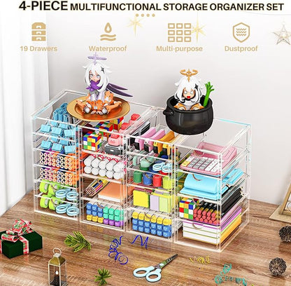 YFXCVSL Acrylic Makeup Organizer with 19 Drawers, 4 Pack Clear Storage Drawers, Bathroom Makeup Organizer for Palettes, Cosmetic, and Beauty Supplies,Ideal for Vanity, Cabinet,Desk Organization