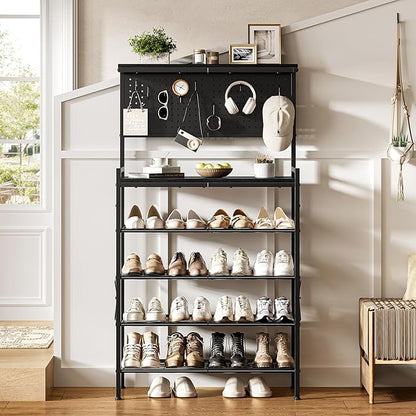 Tall Shoe Rack, 6-Tier Wooden Shoe Storage with Hole Panel, 7 Hooks, for 16-20 Pairs, Wooden Top Shelf, Sturdy, Industrial, Entryway Organizer, Closet Hallway Bedroom Dorm, Black