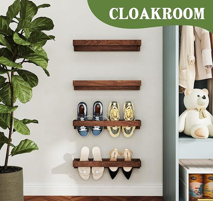 Nisorpa Set of 4 Rustic Burnt Wood Hanging Shoes Storage Organizer Racks, 20 Inches Wall Mounted Space Saving Footwear Holder for Closet, Mudroom, Entryway Narrow Spaces Shoes Storage