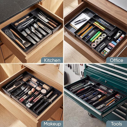 Extra Large Silverware Organizer, 9 Slot Expandable Kitchen Drawer Organizer, Utensil Holder, Heavy Duty Stainless Steel Frame Silverware Drawer Organizer, 8 Non-Slip Feet Included, BPA Free, Black