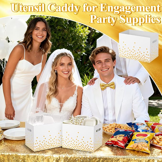 2PCS White and Gold Utensil Holder Paper Utensil Caddy for Engagement Party Supplies Cutlery Holder with Handles Wedding Party Favors Snack Box Disposable Cutlery Caddy for Birthday Decorations
