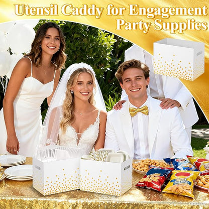 2PCS White and Gold Utensil Holder Paper Utensil Caddy for Engagement Party Supplies Cutlery Holder with Handles Wedding Party Favors Snack Box Disposable Cutlery Caddy for Birthday Decorations