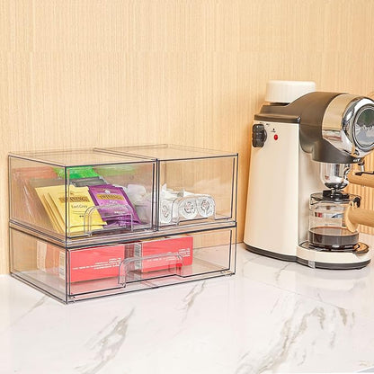 Vtopmart Stackable Storage Drawers Set of 3,Clear Plastic Organizer Bins for Makeup, Cosmetics, Beauty Supplies,Ideal for Vanity, Bathroom,Cabinet,Pantry Organization