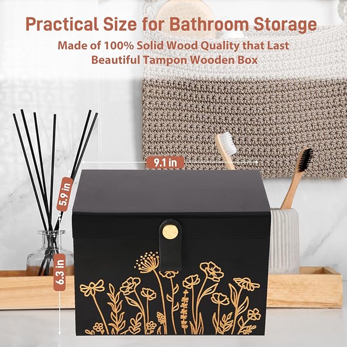 100% Solid Wood Tampon Holder Box with Lid, Copper Leather Pull, Absolute Real Wood Bathroom Decorative Box for Feminine Product Storage and Accessories such as Tampons, Cotton Balls, Gifts for Women