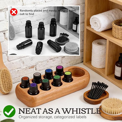 RoseFlower Wooden Essential Oil Display Storage Organizer Holder Stand - 9 Slots Red Oak Wood Rack - Holds up to 9 Aromatherapy Bottles - Ideal Gift Presentation Shelf