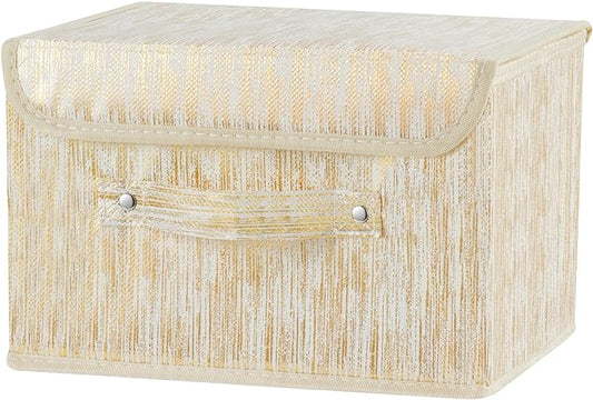 Decorative Storage Boxes with Lid Luxury Metallic Fabric Storage Bins Organizer Containers Collapsible Shelf Baskets with Handles for Home Bedroom Closet Office (Gold, Small Size)