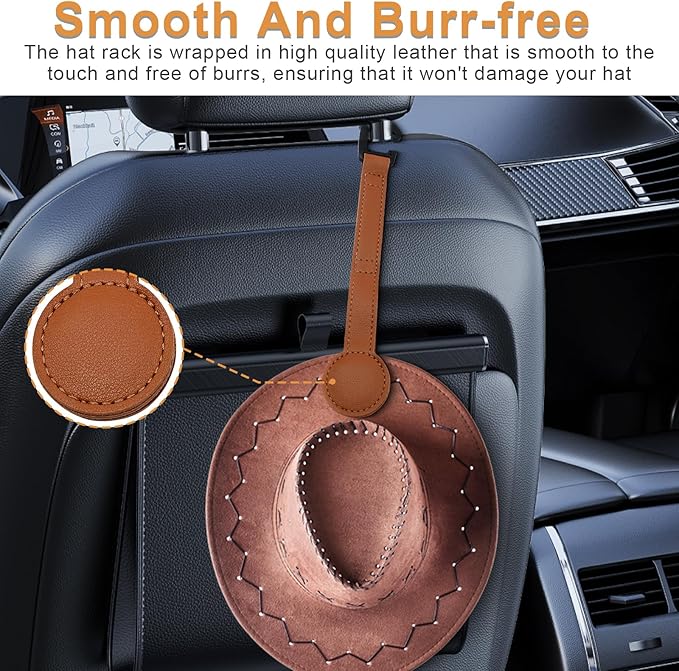 2-Pack Magnetic Cowboy Hat Clip, Leather Car Hat Holder with Strong Magnets, Universal Truck & SUV Accessories, Easy Install, Space-Saving Headrest Hook for Baseball & Cowboy Hats (Brown)