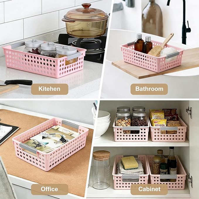 Soddeph 4 Pack Small Plastic Storage Baskets for Organizing, Stackable Bins with Handles for Shelves, Multipurpose Drawer Trays(Pink)