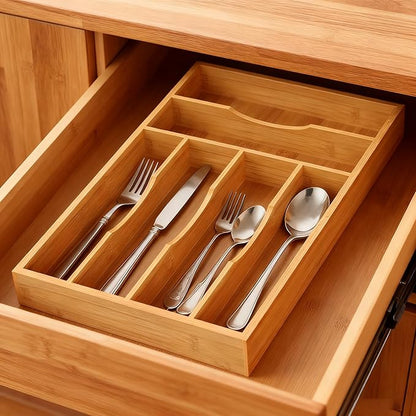 Bamboo Silverware Organizer, Bamboo Kitchen Drawer Cutlery Organizer, Utensil Holder, Flatware Organizer Tray (15.8"x9.5"x1.6")